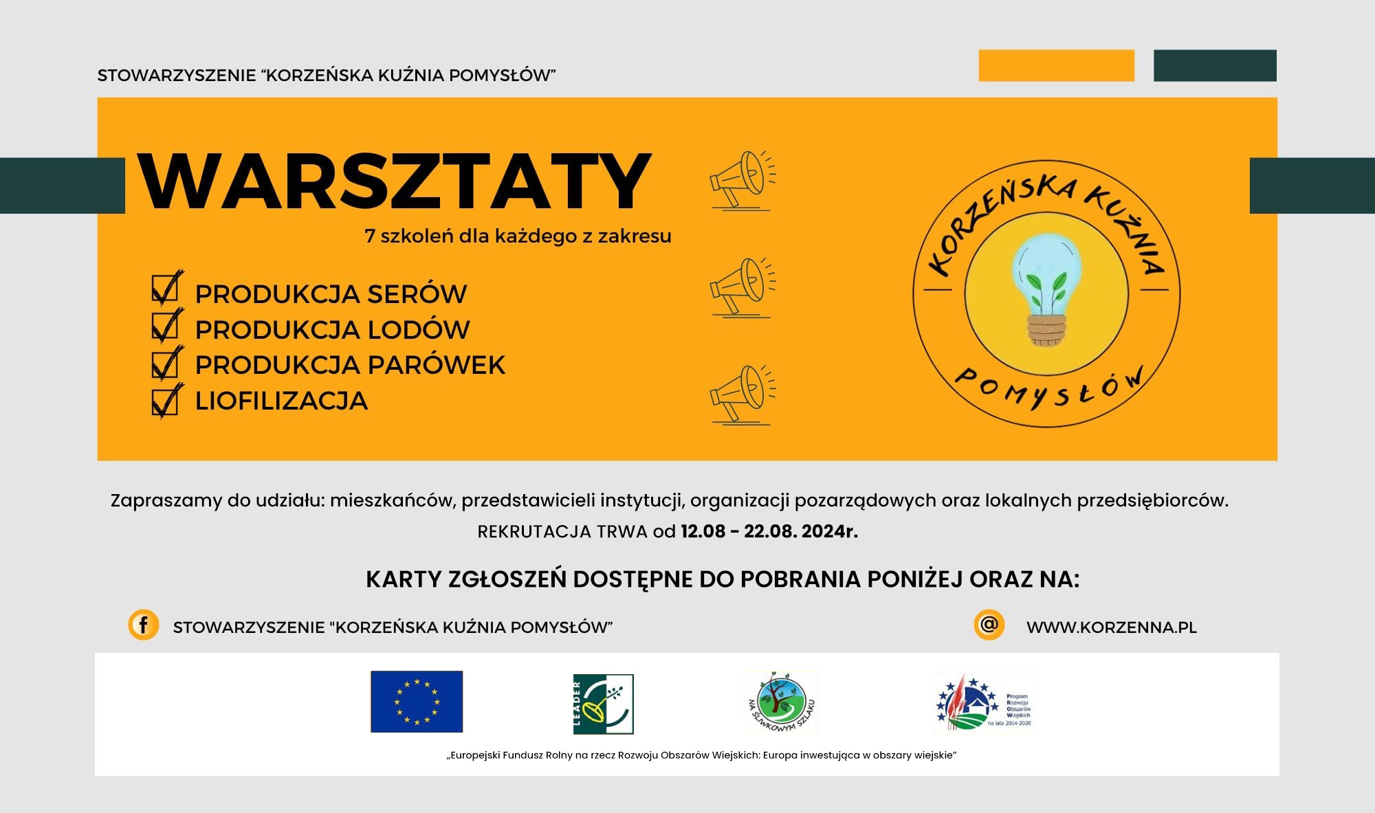 Rekrutacja na warsztaty Korzeńskiej Kuźni Pomysłów – Zapisy od 12 do 22 sierpnia 2024! Naucz się produkcji serów, lodów, parówek i liofilizacji!